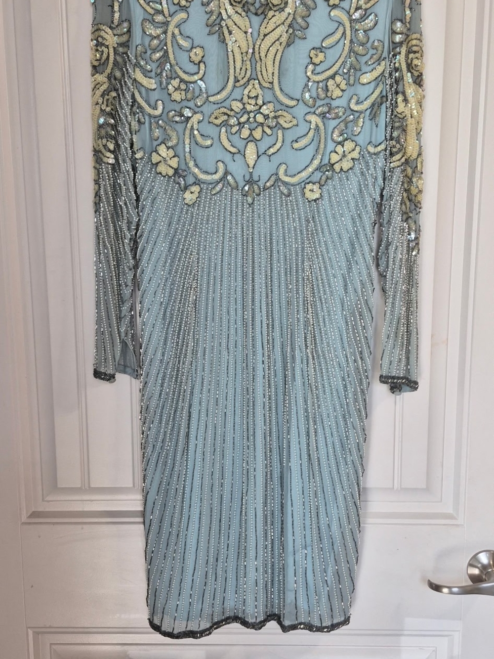 Light Blue Long Sleeve Beaded Evening Dress